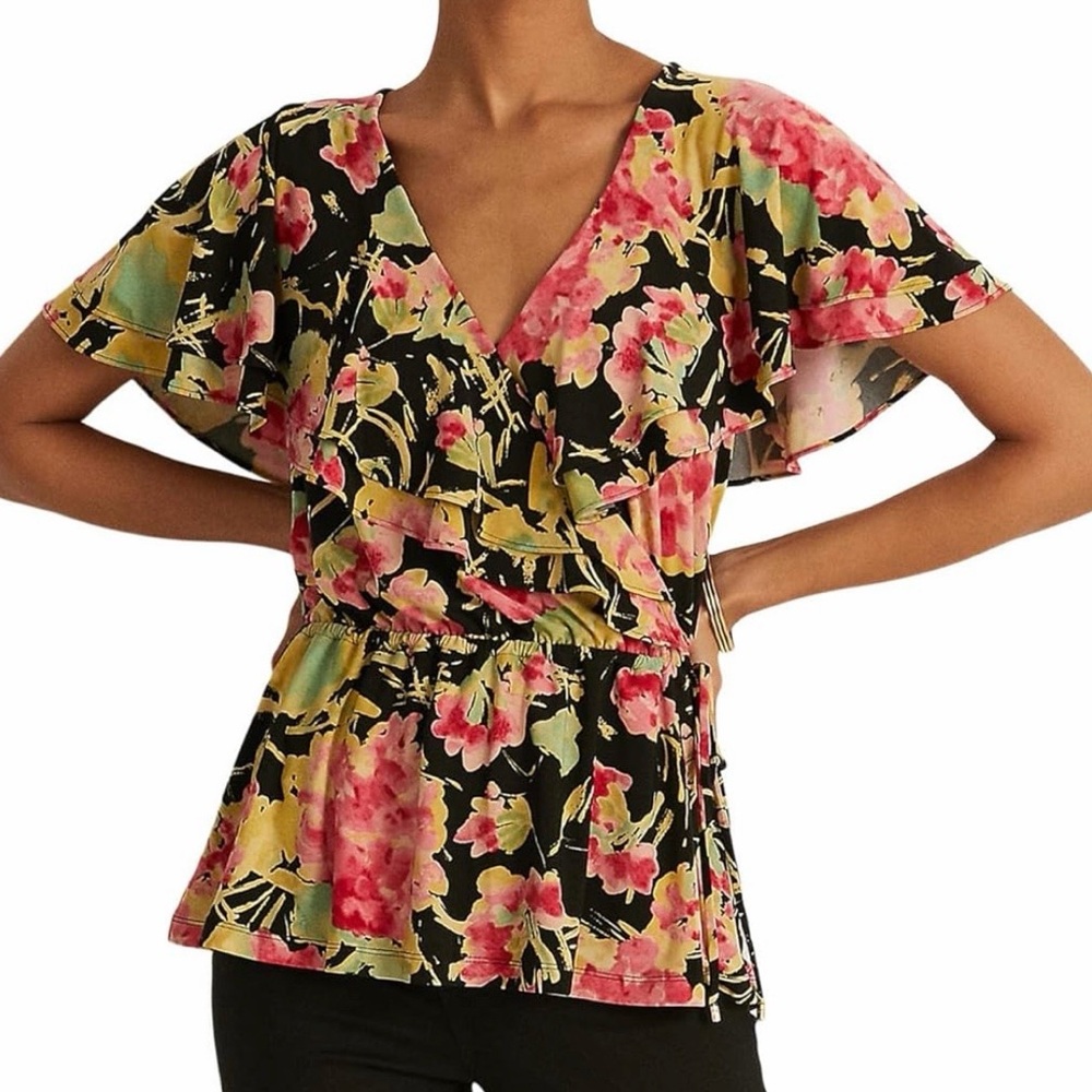 Ralph Lauren Flutter Sleeve Cross Front V Neck Top Blouse Floral NWT Large - Picture 8 of 13